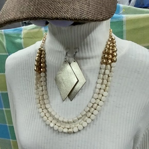 Plunder Jewelry - 2678 Plunder Gold &Cream Beaded 3 Strand Necklace and Gold Color LeatherEarrings
